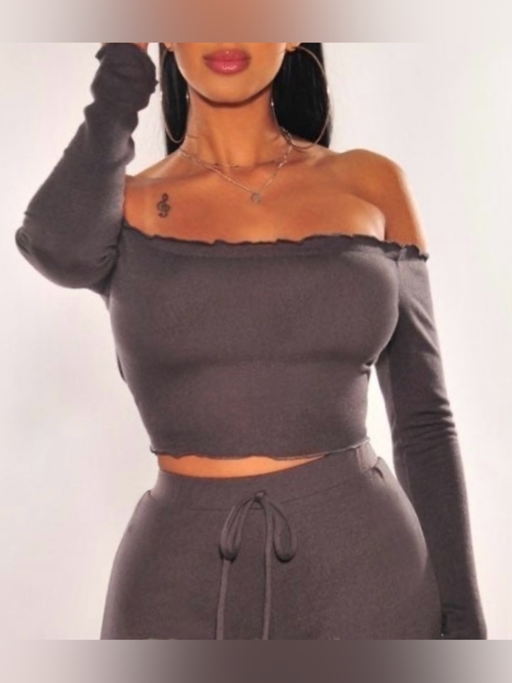 Hot Miami Styles Gray Off Shoulder Long Sleeve Crop Top - Medium
